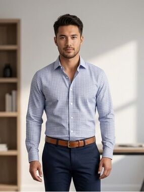 Savannah Men’s Blue and White Check Long-Sleeve Button-Down Shirt